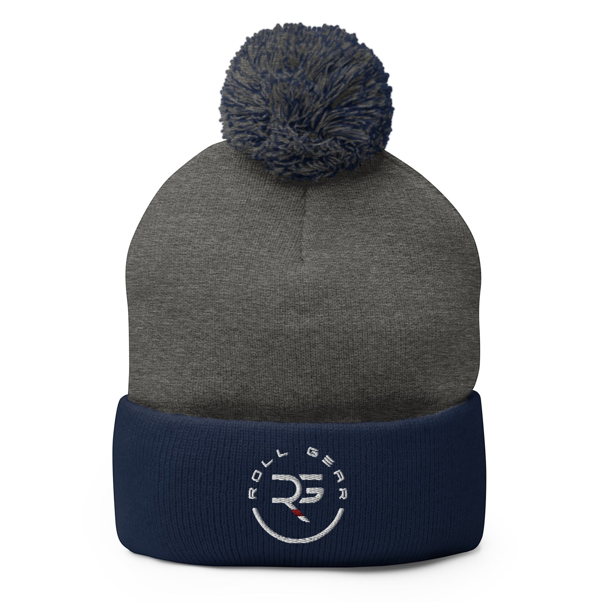 Roll Gear embroidered pom pom beanie hat in charcoal grey and navy blue acrylic knit.