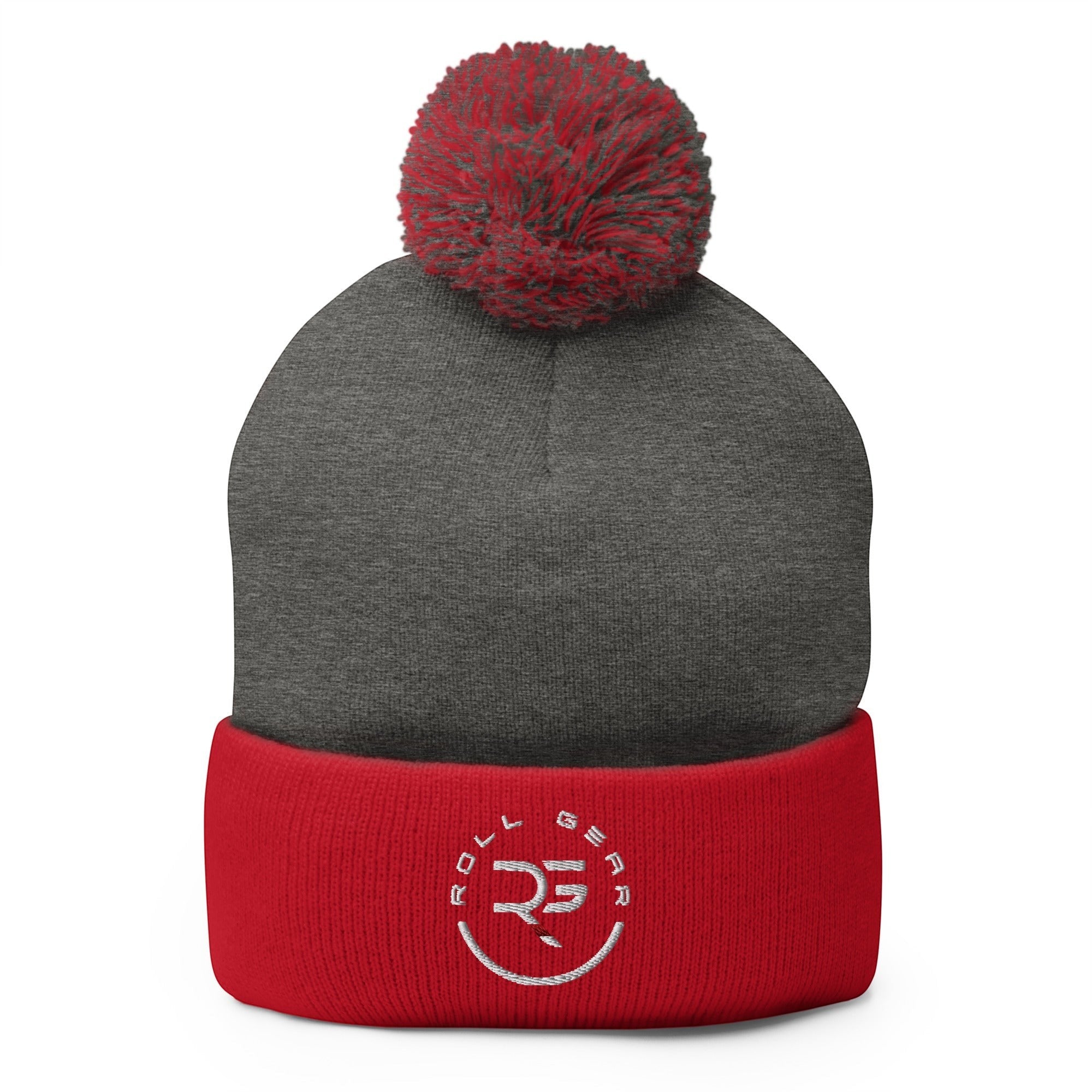 Roll Gear embroidered pom pom beanie hat in charcoal grey and red acrylic knit with a red pom pom.