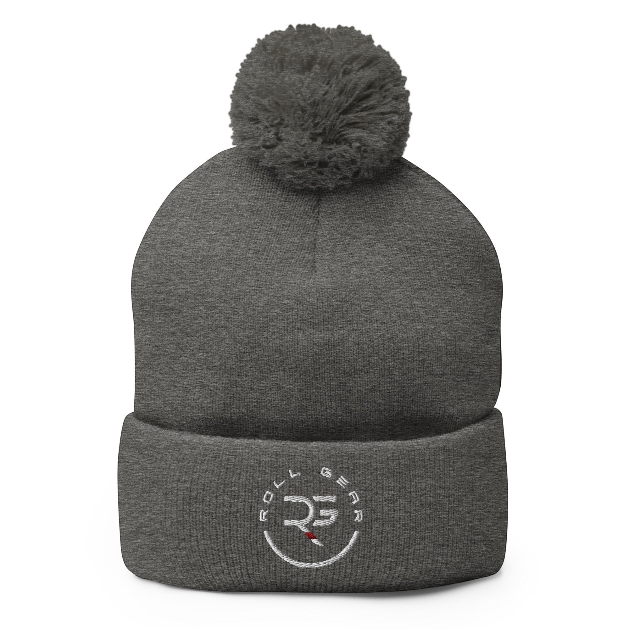 Roll Gear dark grey acrylic embroidered pom pom beanie hat with white logo on cuff.