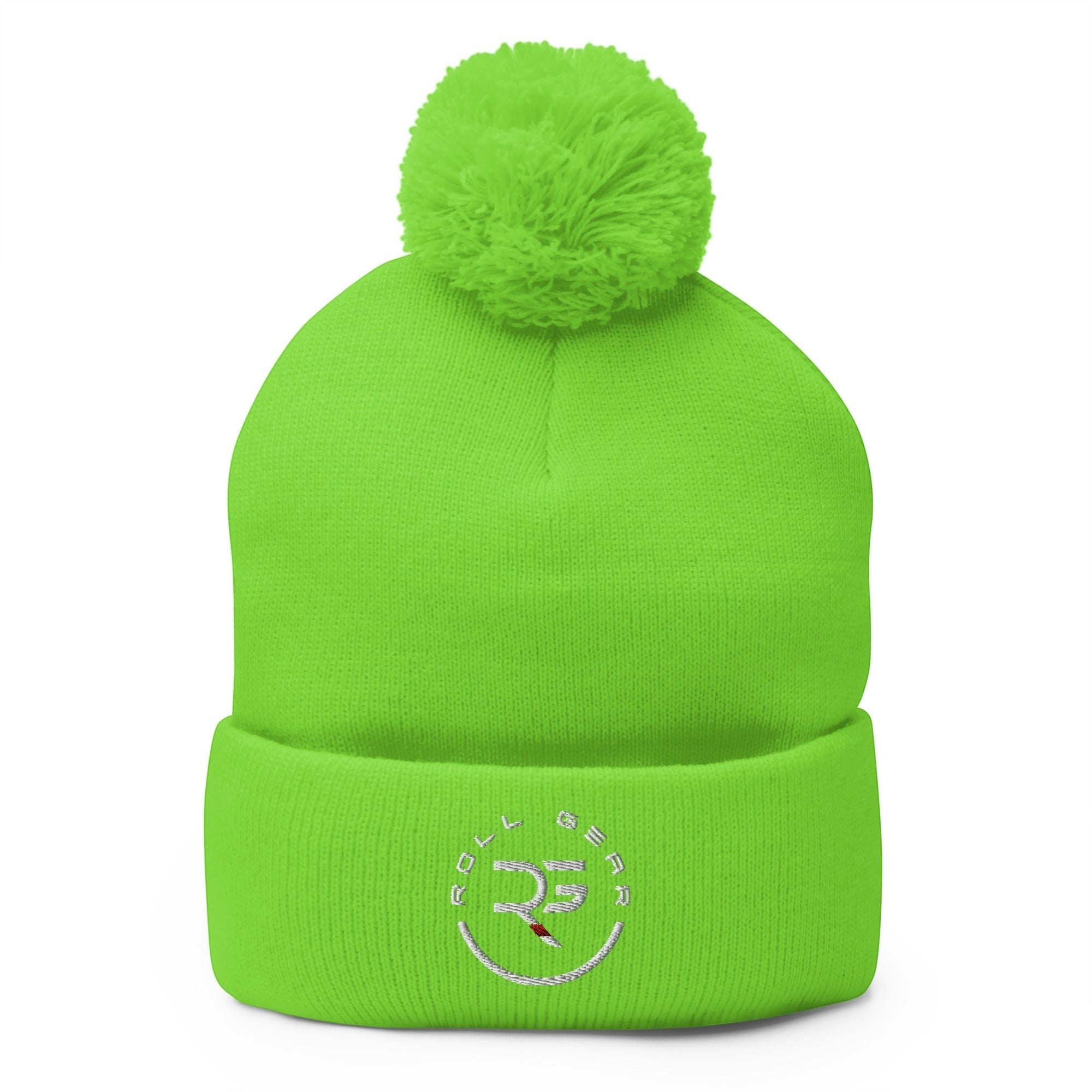Roll Gear embroidered neon green acrylic pom pom beanie hat for winter warmth and style.
