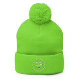 Roll Gear embroidered neon green acrylic pom pom beanie hat for winter warmth and style.