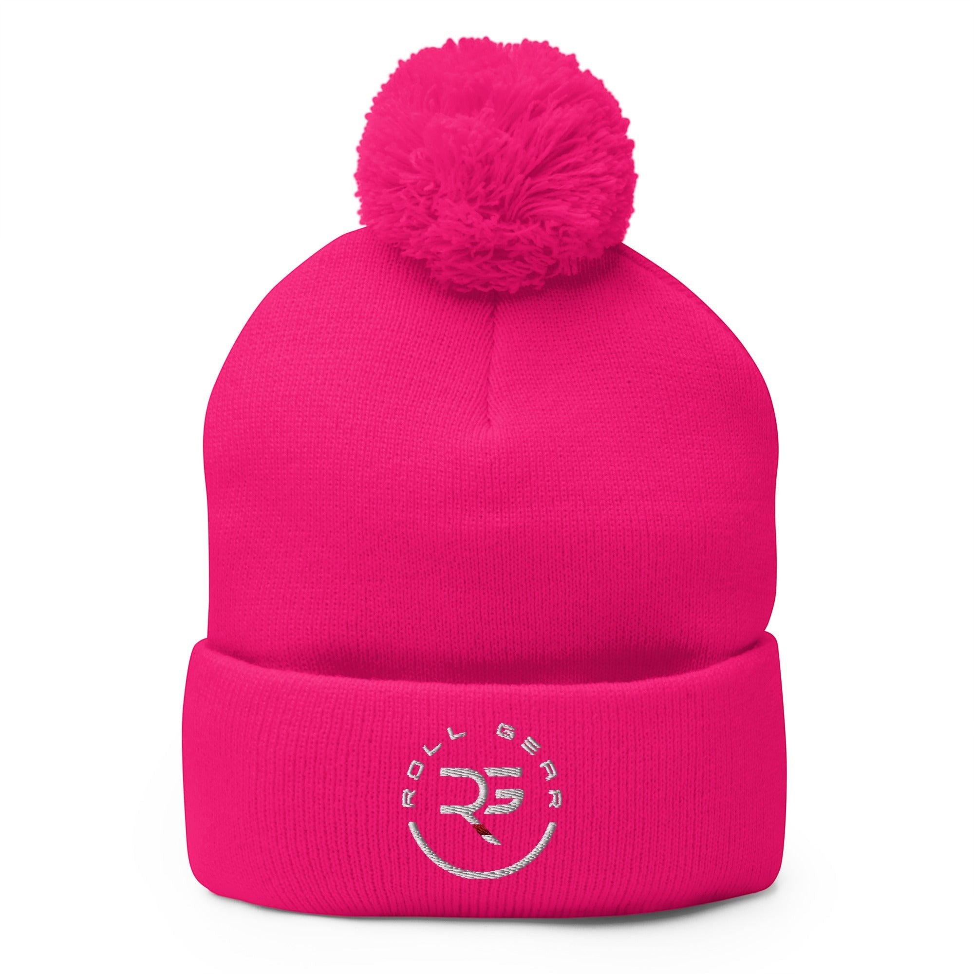 Roll Gear embroidered hot pink acrylic knit pom pom beanie hat
