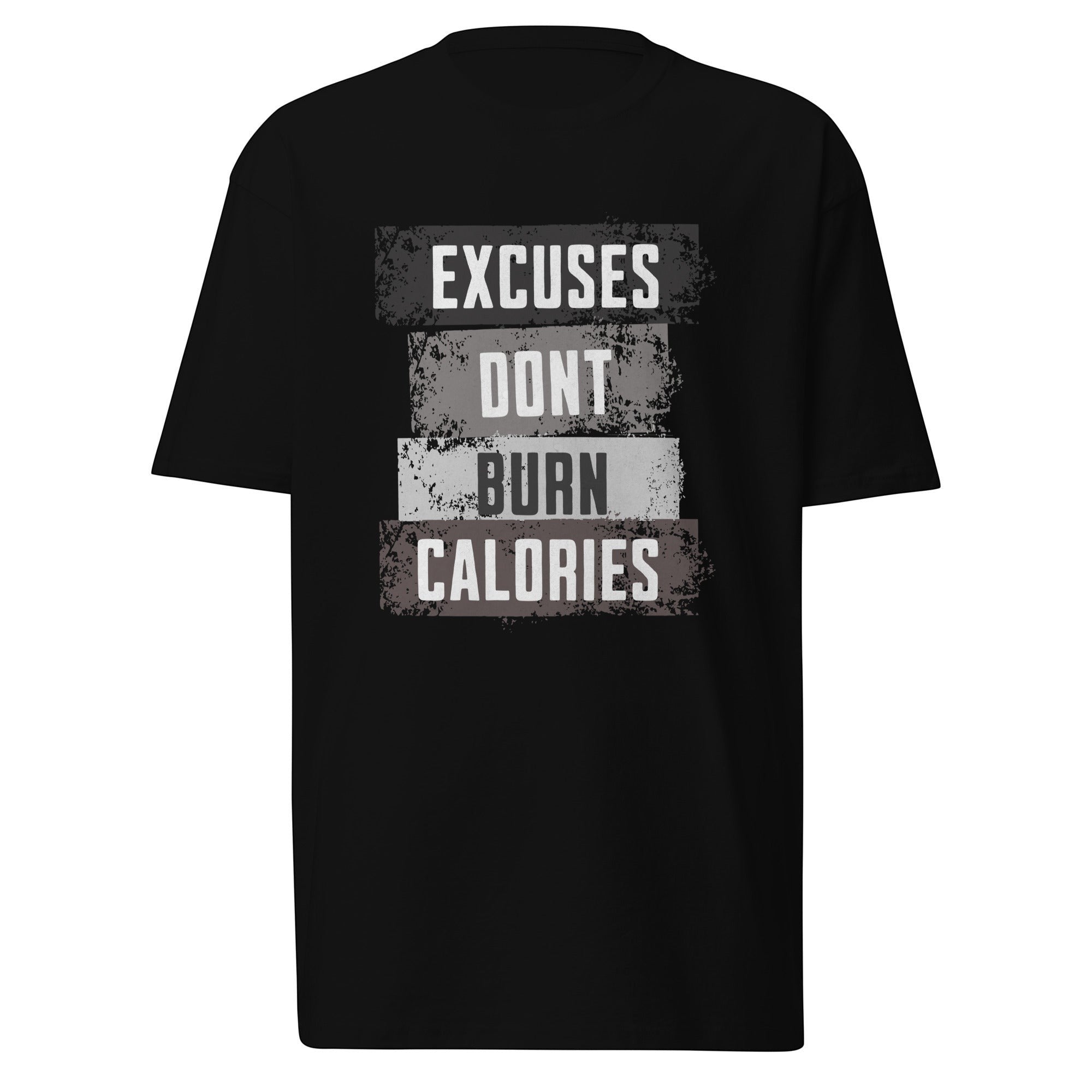 Roll Gear Excuses Don't Burn Calories Premium T-Shirt – Black – Men's, flat front view, slogan graphic.