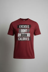 Roll Gear men's short-sleeve crewneck t-shirt in brick red, 100% cotton, with "Excuses Don't Burn Calories" graphic.