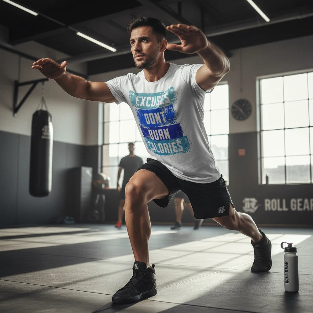 Roll Gear white t-shirt with blue gradient text "Excuses Don’t Burn Calories" for men, worn during a gym workout.