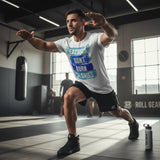 Roll Gear white t-shirt with blue gradient text "Excuses Don’t Burn Calories" for men, worn during a gym workout.