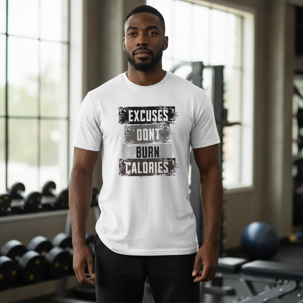 Roll Gear Excuses Don't Burn Calories — Premium Heavyweight T-Shirt, worn by a man standing in a gym.