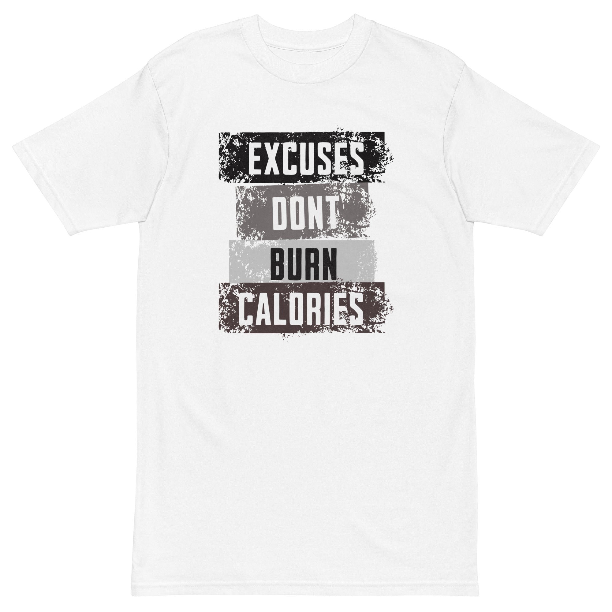 Roll Gear Excuses Don't Burn Calories — Premium Heavyweight T-Shirt, third colorway, flat front view.