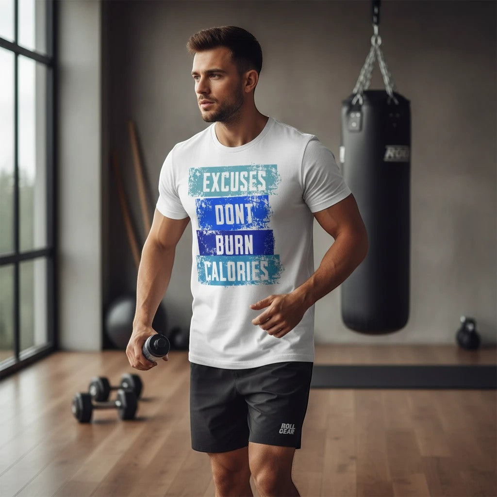 Roll Gear white t-shirt with blue gradient text "Excuses Don’t Burn Calories" for women. Gym wear.