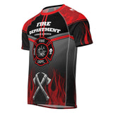 Roll Gear unisex short sleeve rash guard in red, black, and smoke grey with fire department graphics and Maltese Cross emblem.