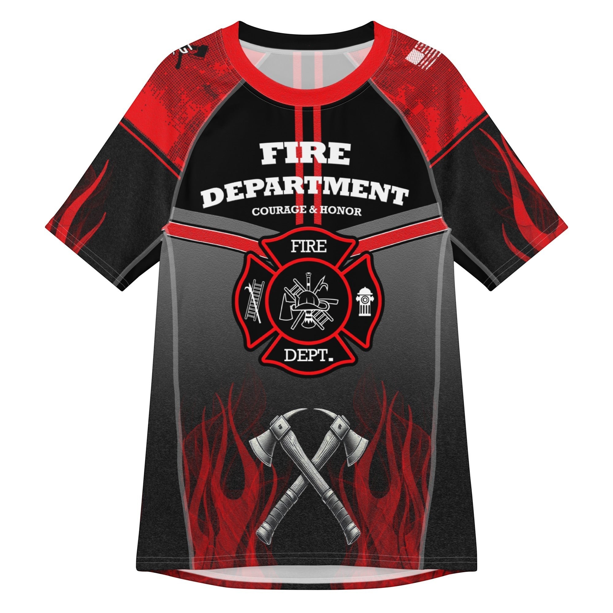 Roll Gear unisex short sleeve rash guard in red, black, and smoke grey with fire department graphics and Maltese Cross emblem.