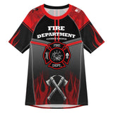 Roll Gear unisex short sleeve rash guard in red, black, and smoke grey with fire department graphics and Maltese Cross emblem.