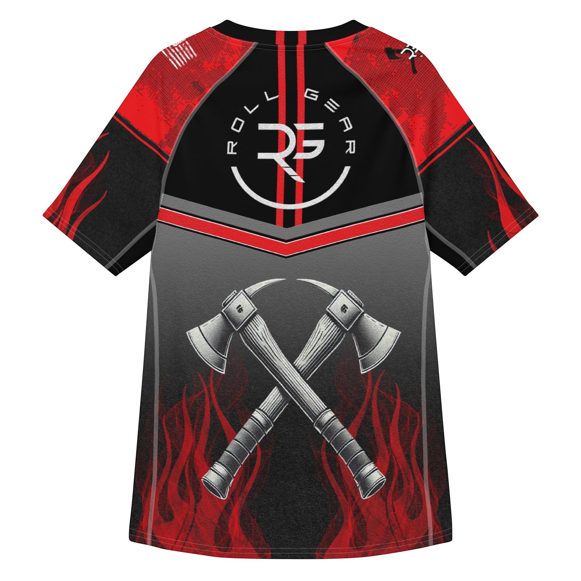 Roll Gear Unisex Fire Department Edition short sleeve rash guard in red, black, and smoke grey with crossed axes and flame graphics.