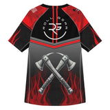 Roll Gear Unisex Fire Department Edition short sleeve rash guard in red, black, and smoke grey with crossed axes and flame graphics.