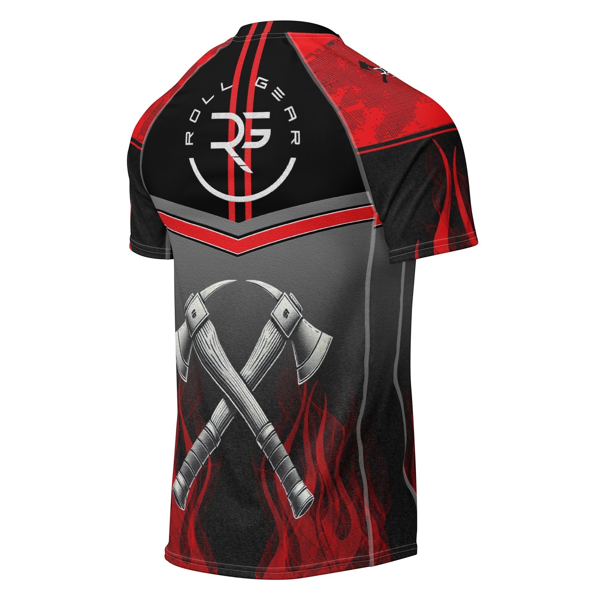 Roll Gear unisex short sleeve rash guard in red, black, and smoke grey with fire department graphics and crossed axes.