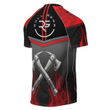 Roll Gear unisex short sleeve rash guard in red, black, and smoke grey with fire department graphics and crossed axes.