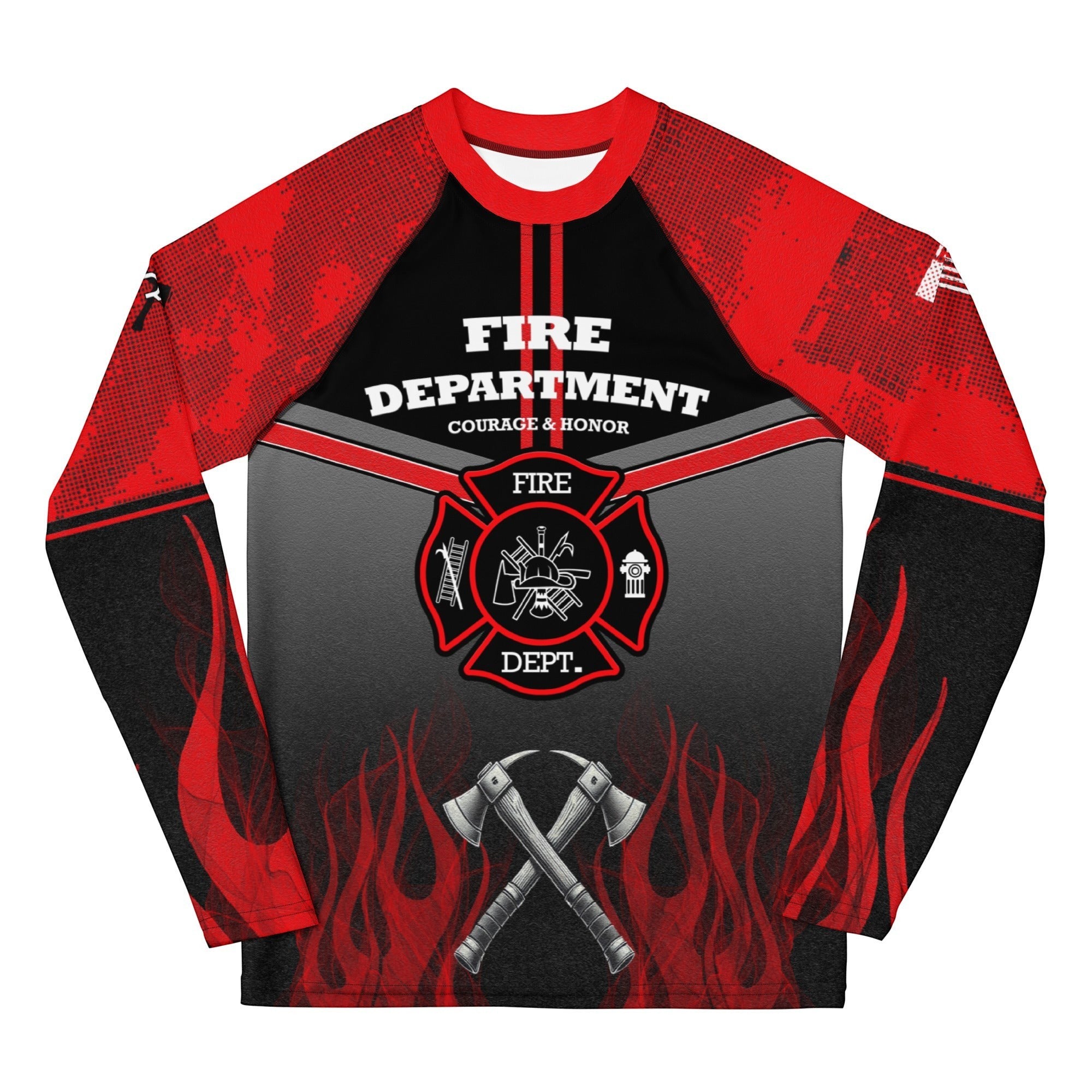Roll Gear Youth Fire Department long sleeve rash guard in red, black, and smoke grey with flame graphics and Maltese Cross emblem.