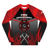 Roll Gear Youth Fire Department long sleeve rash guard in red, black, and smoke grey with flame graphics and Maltese Cross emblem.