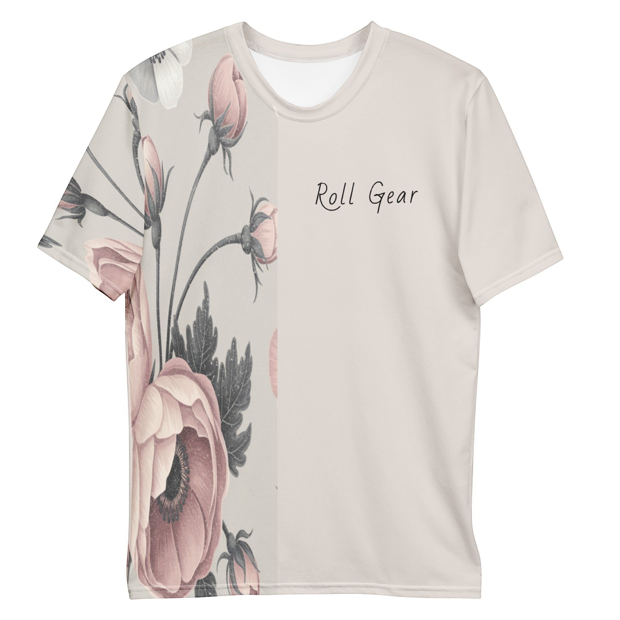 T-shirt with floral design and 'Roll Gear' text on a white background