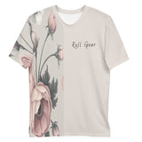 T-shirt with floral design and 'Roll Gear' text on a white background