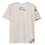 Roll Gear athletic t-shirt with delicate floral print on sleeves and hem, light beige fabric.