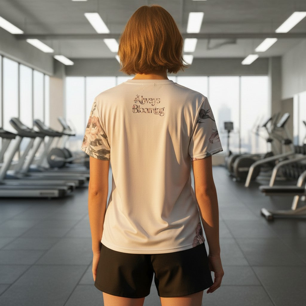 Roll Gear white athletic t-shirt with floral print on sleeves and "Always Blooming" text on back. Lightweight, breathable fabric.