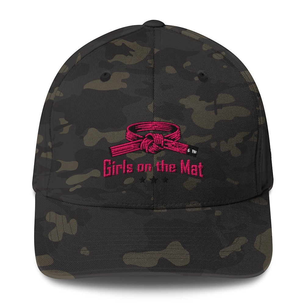 Roll Gear Girls on the Mat embroidered pink BJJ belt graphic on a camouflage structured stretch fit cap.