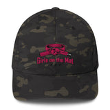 Roll Gear Girls on the Mat embroidered pink BJJ belt graphic on a camouflage structured stretch fit cap.