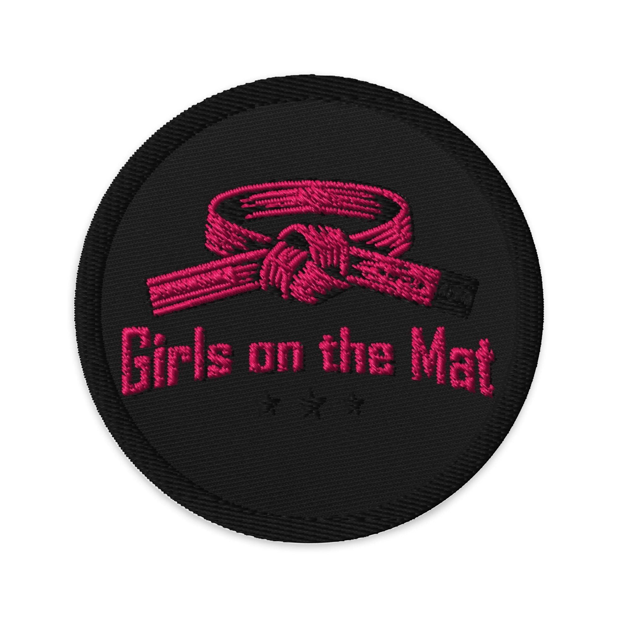Roll Gear Girls on the Mat embroidered patch, black with pink belt and text, 3 inch circular patch.