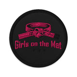 Roll Gear Girls on the Mat embroidered patch, black with pink belt and text, 3 inch circular patch.