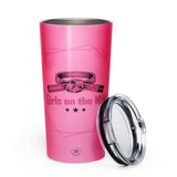 Roll Gear pink 20oz stainless steel tumbler with 'Girls on the Mat' BJJ graphic and a black belt.