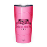 Roll Gear Girls on the Mat pink 20oz stainless steel tumbler with martial arts belt graphic