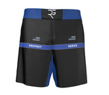 Roll Gear black grappling shorts with blue waistband and trim, featuring a thin blue line and "Protect / Serve" text.