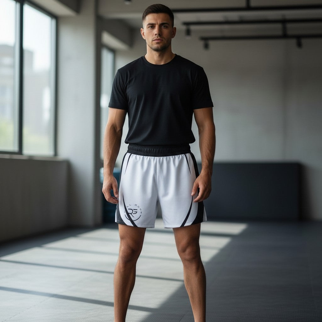 Roll Gear™ white and black grappling shorts with logo, designed for BJJ and MMA training.