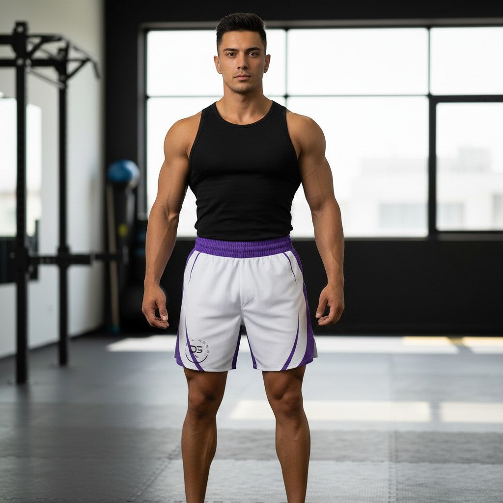 Roll Gear™ white grappling shorts with purple trim and logo, designed for BJJ and MMA.