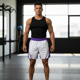 Roll Gear™ white grappling shorts with purple trim and logo, designed for BJJ and MMA.