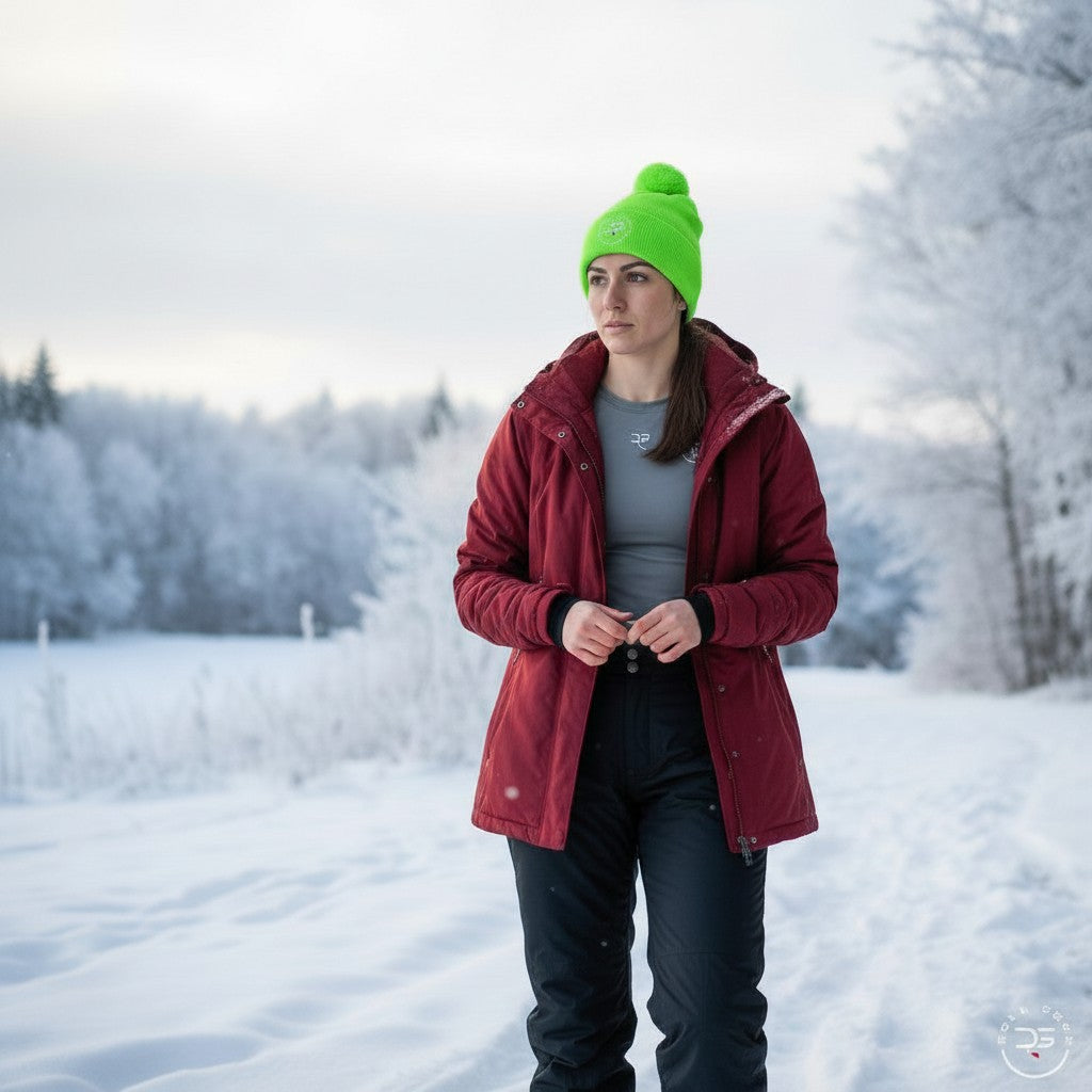 Roll Gear bright green knit beanie with embroidered logo and pom-pom, worn by a woman in a snowy outdoor setting.