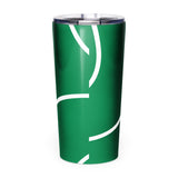 Roll Gear 20oz green stainless steel tumbler with white abstract lines and a clear lid.