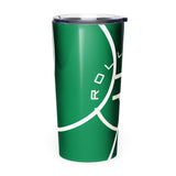 Roll Gear 20oz stainless steel tumbler with glossy green finish and white logo wrap. Insulated with spill-resistant lid.