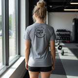Roll Gear grey 100% cotton t-shirt with circular logo on back. Athletic fit, crew neck.