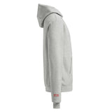 Roll Gear grey heather cotton-polyester blend hoodie with red embroidered logo on the sleeve.