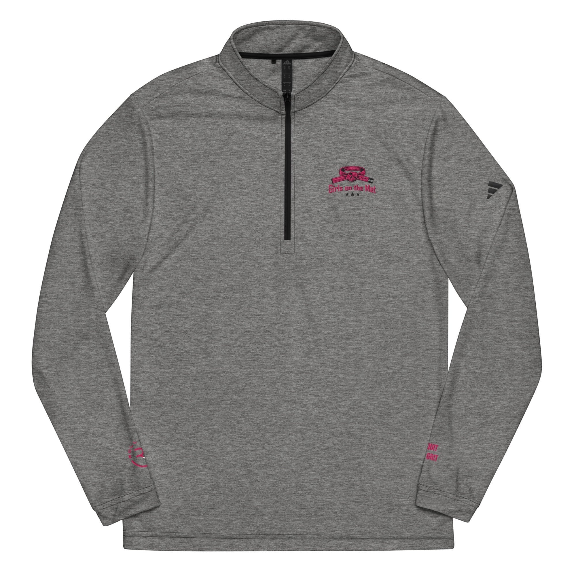 Roll Gear grey heather polyester quarter zip pullover with embroidered logo on chest and sleeve.