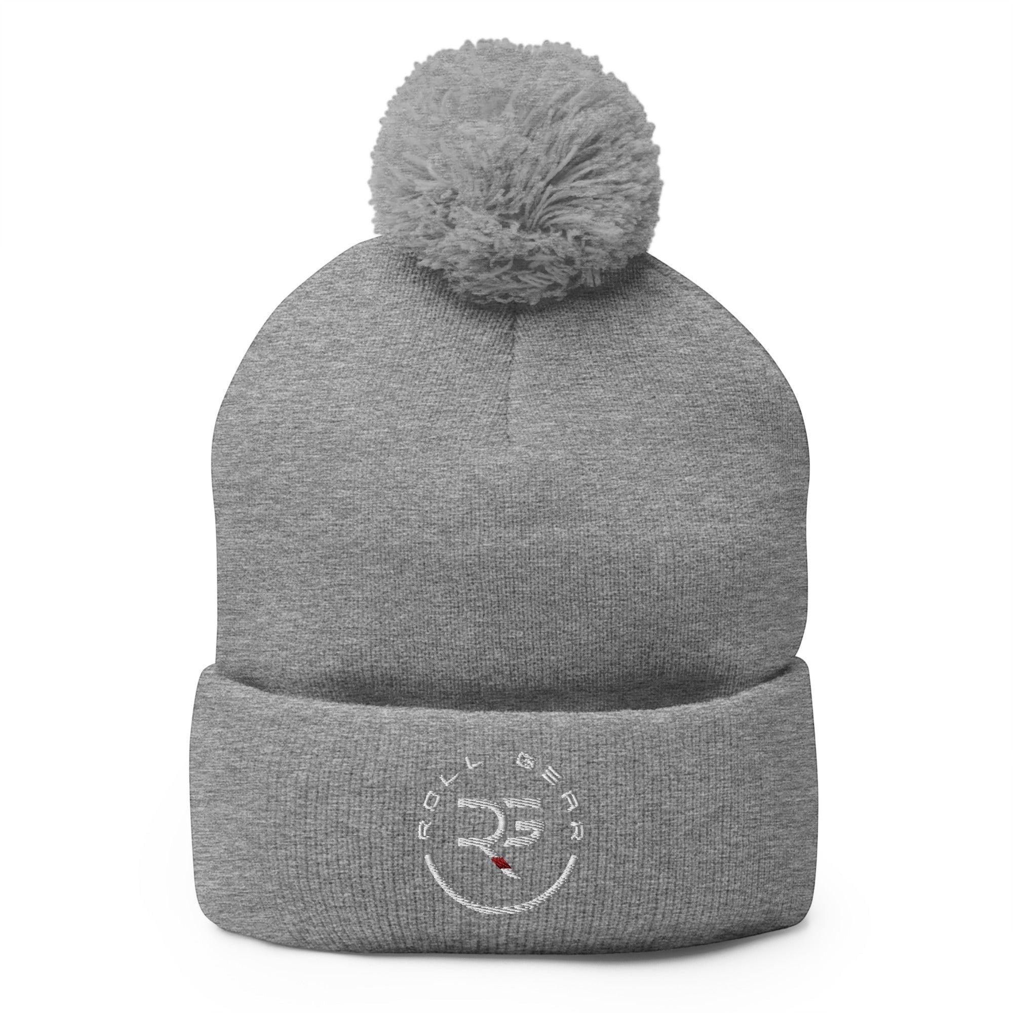 Roll Gear grey knit pom pom beanie hat with embroidered logo on cuff