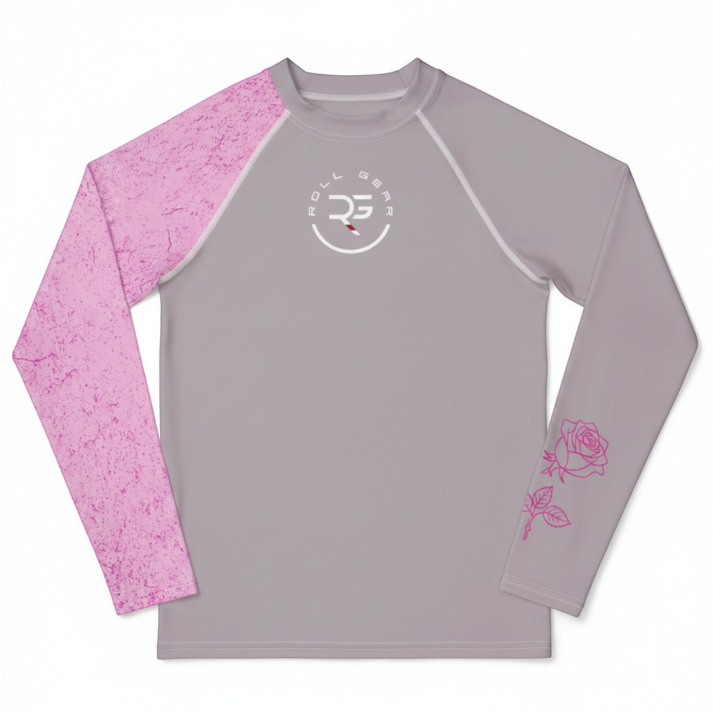 Roll Gear Girls Discipline Long Sleeve Rash Guard, flat back view, Roll Gear emblem.