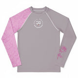 Roll Gear grey long sleeve youth performance rash guard with pink textured sleeves and rose graphic on right sleeve.
