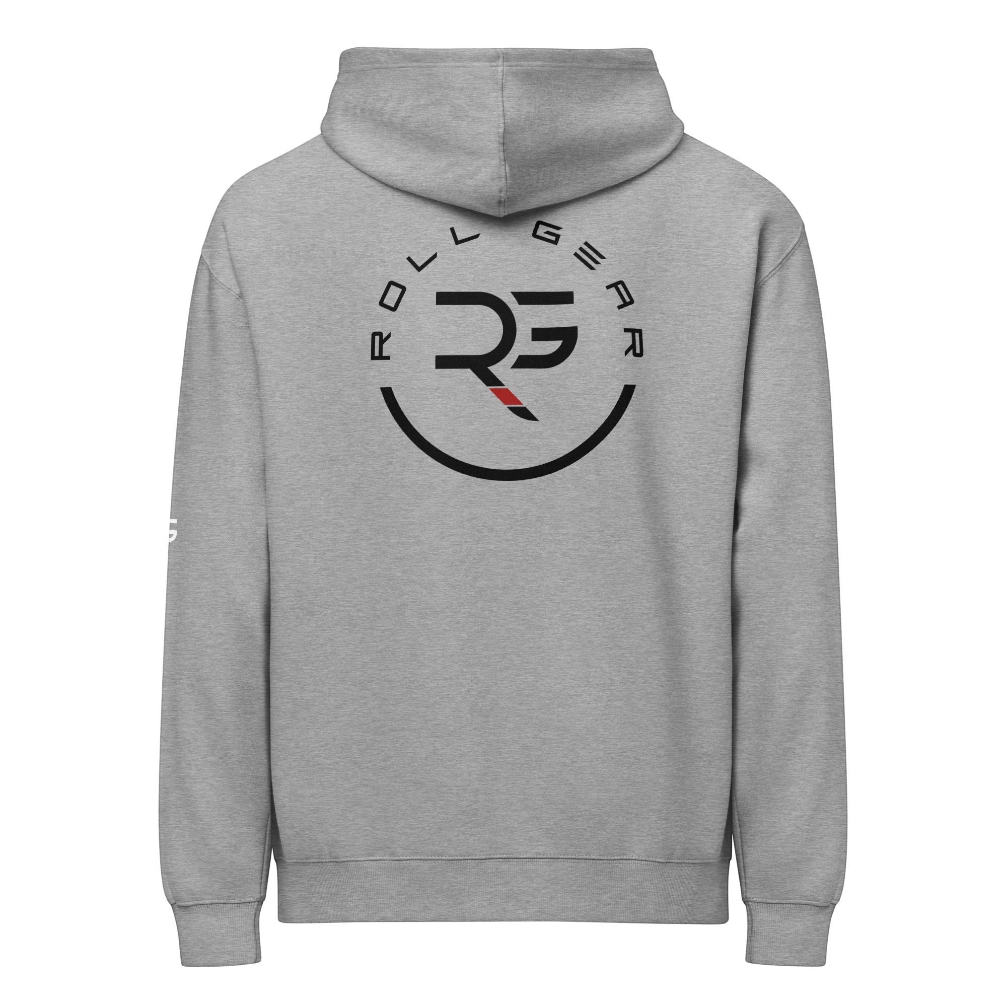 Roll Gear grey cotton blend sweatshirt with circular logo and text on back. Athletic fit.