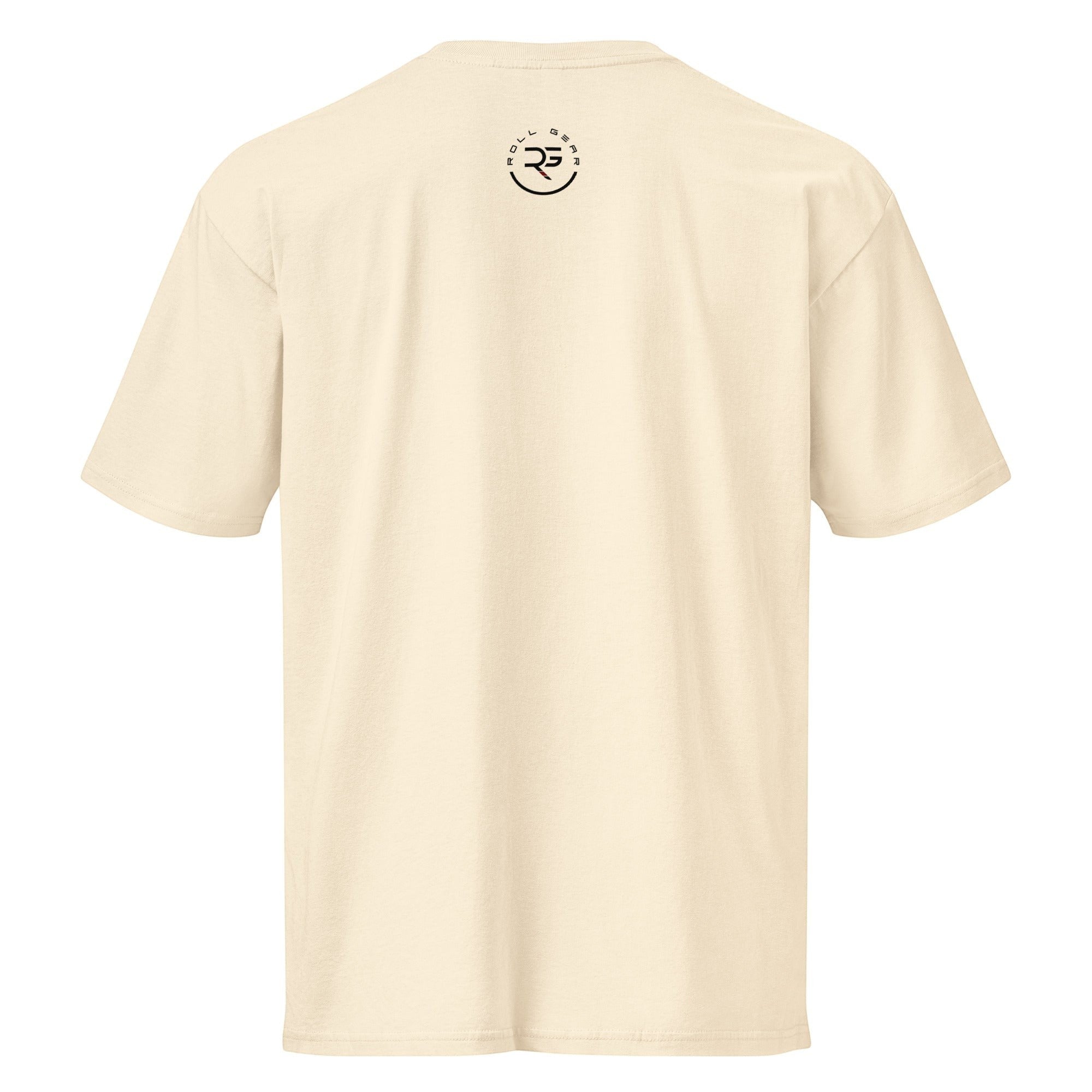 Roll Gear heavyweight cotton t-shirt in cream with a graphic logo on the back. Relaxed fit, drop shoulder sleeves.