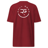 Roll Gear men's heavyweight cotton t-shirt in dark red with a white circular logo on the back.