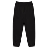 Roll Gear™ black heavyweight cotton-poly fleece joggers with elastic cuffs and subtle logo detail on left leg.