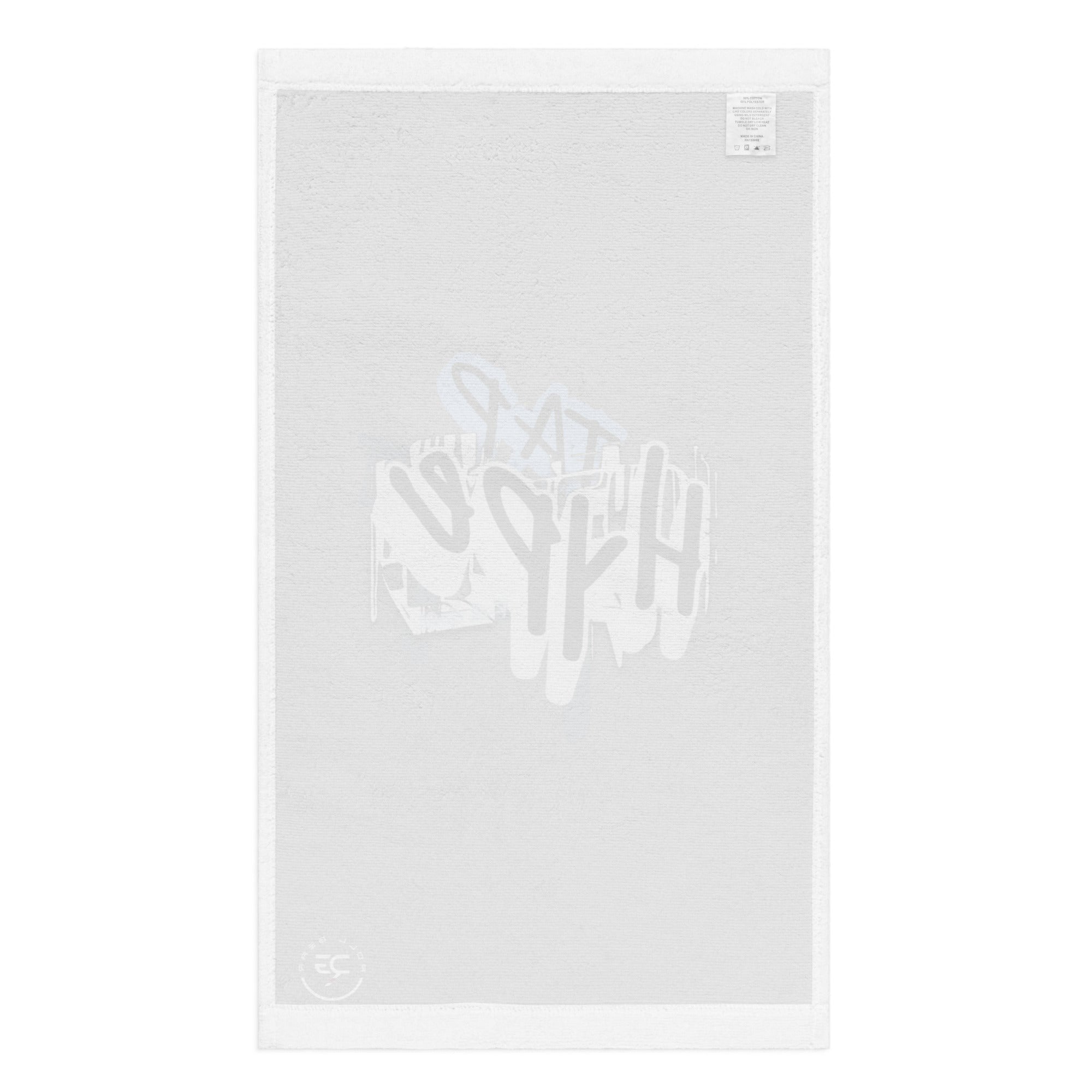 Roll Gear HYPE Training Towel with graffiti print on front and absorbent white cotton back. 52% polyester, 48% cotton.